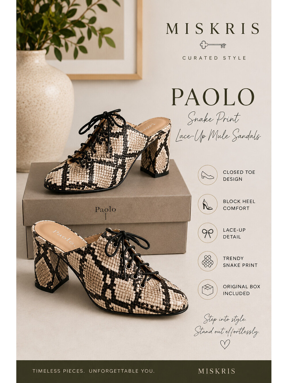 Paolo Snake Print Lace Up Mule Sandals 8.5M Block Heel Open Toe NWB